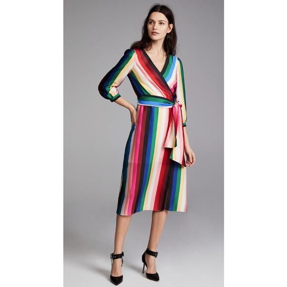 Alice + Olivia Dyanna Rainbow Striped Deep V Neck Wrap Dress Size 6 - Picture 1 of 8